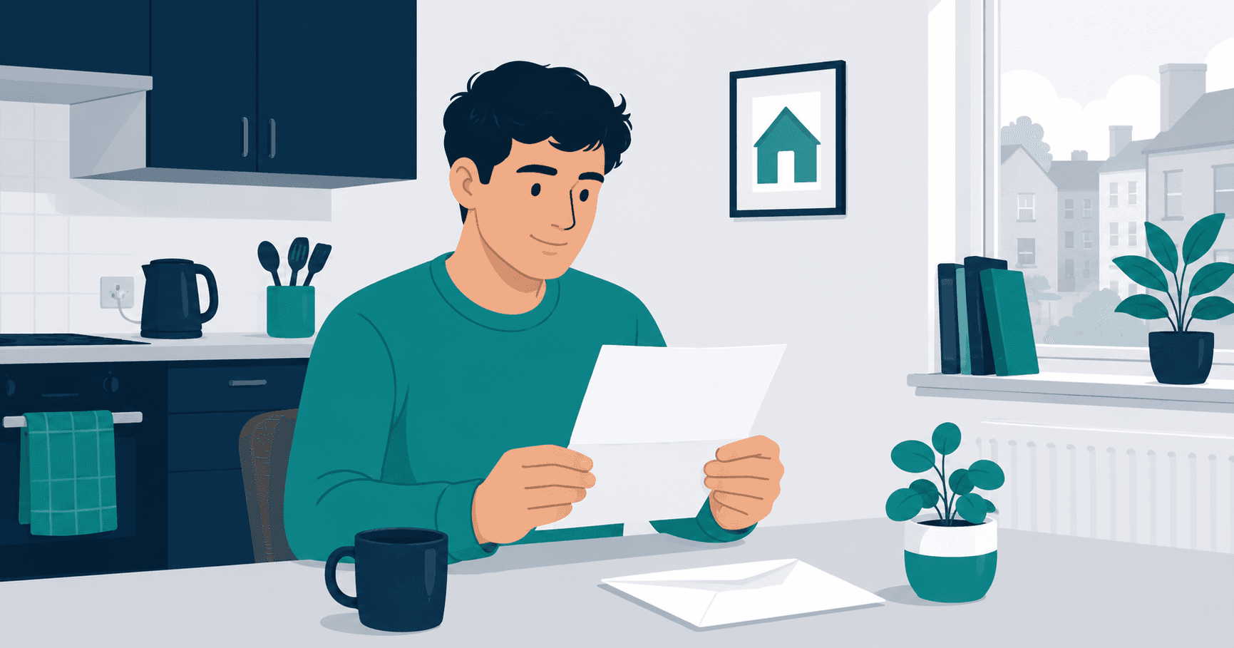 Tenant reading a Section 13 notice on how to challenge a rent increase UK, at a kitchen table